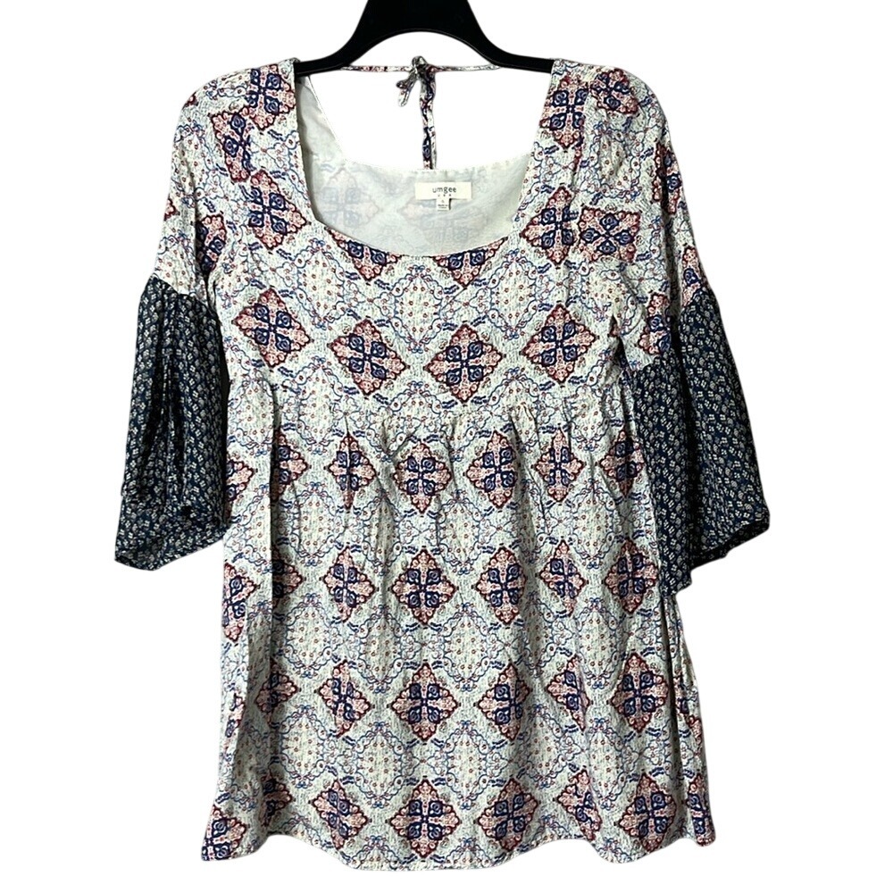 Umgee Boho Tunic Blouse 3/4 Flutter Sleeves Womens Size Small‎ Multicolor